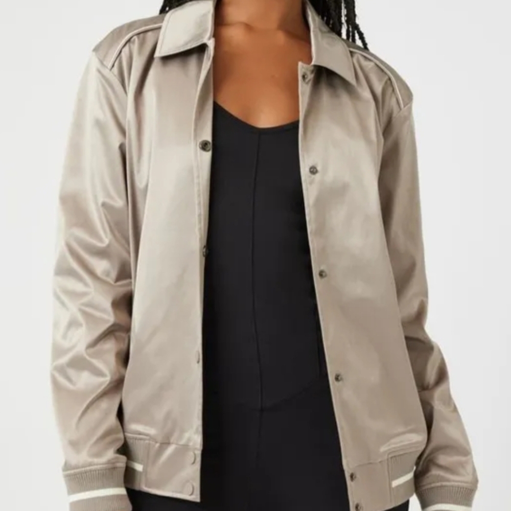 Forever 21 Satin Varsity-Striped Bomber Jacket